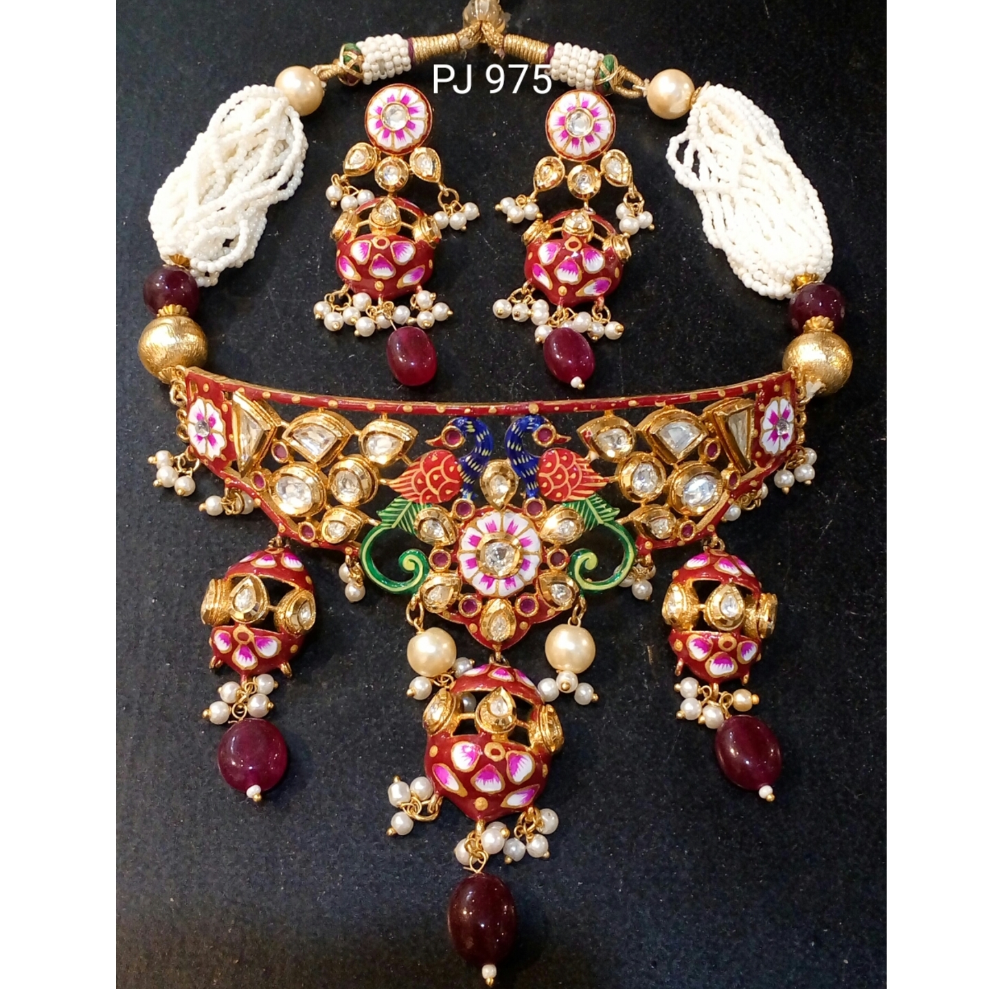 Kundan Meena Peacock Choker Necklace Set with Drops