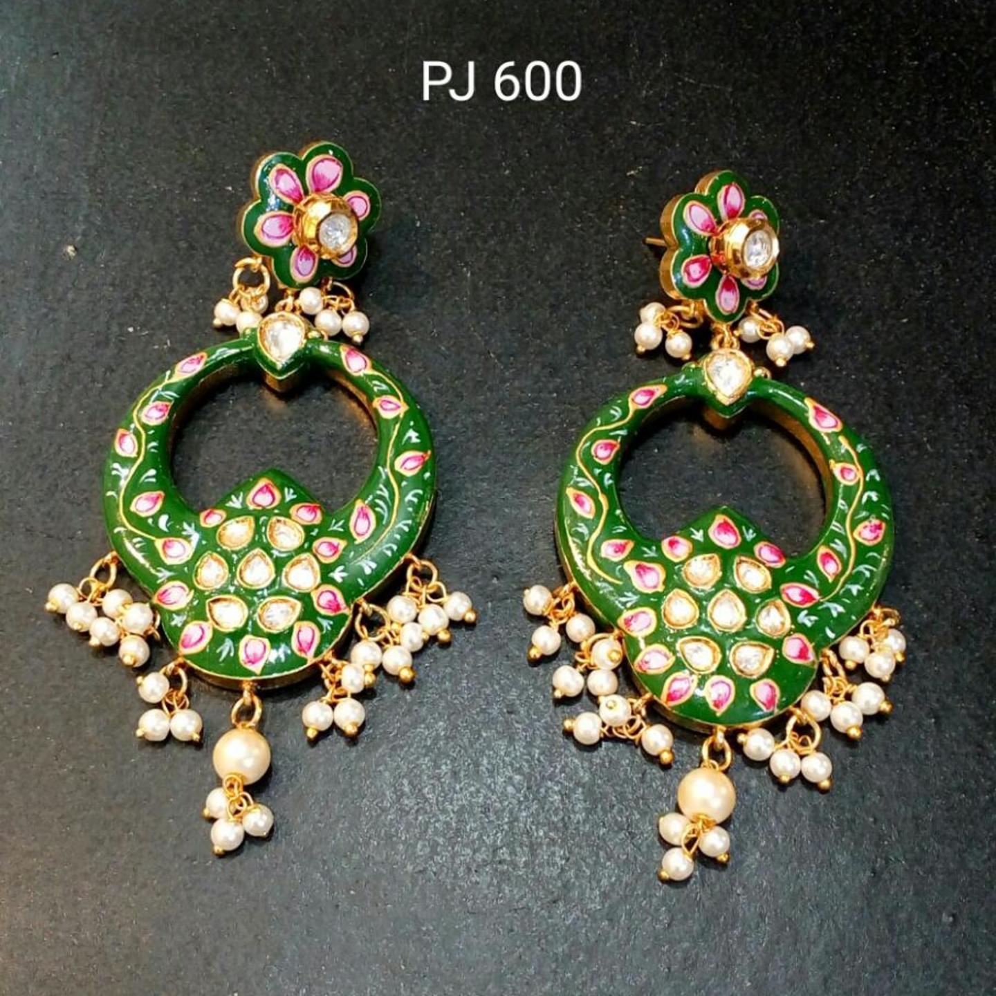 Kundan Meena Hand Painted Green Earrings with Pearl Drops