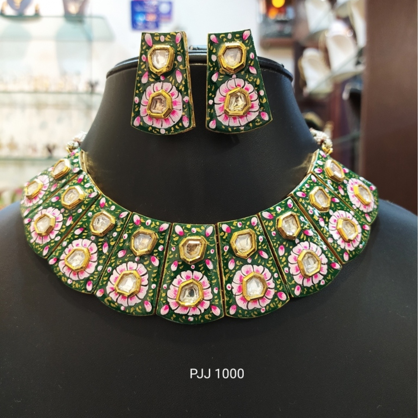 Kundan Meena Green and Pink Enamel Work Necklace Set