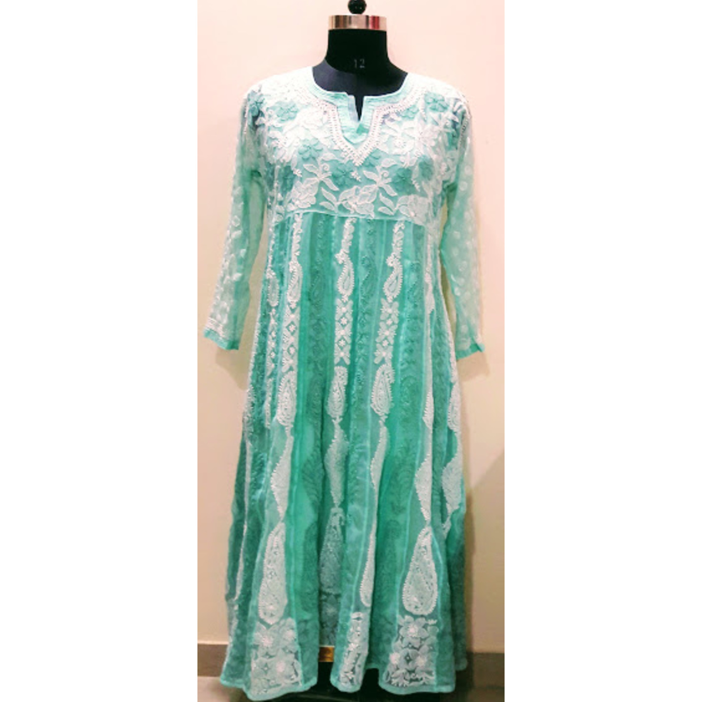 Lucknowi Chikan Kari Georgette Anarkali - Teal Green 
