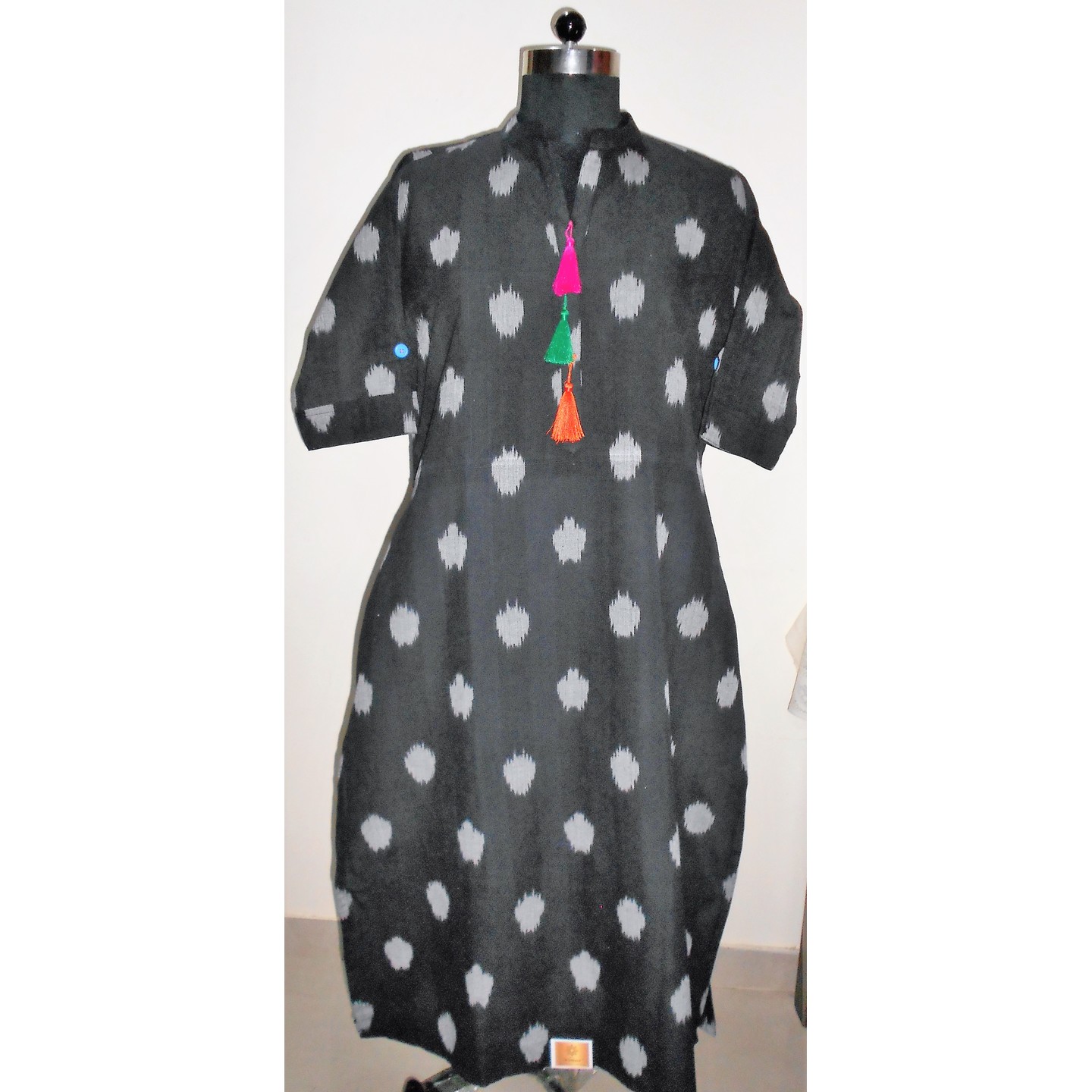 Double Ikkat Long Kurti Black with Grey Dots Front.jpg