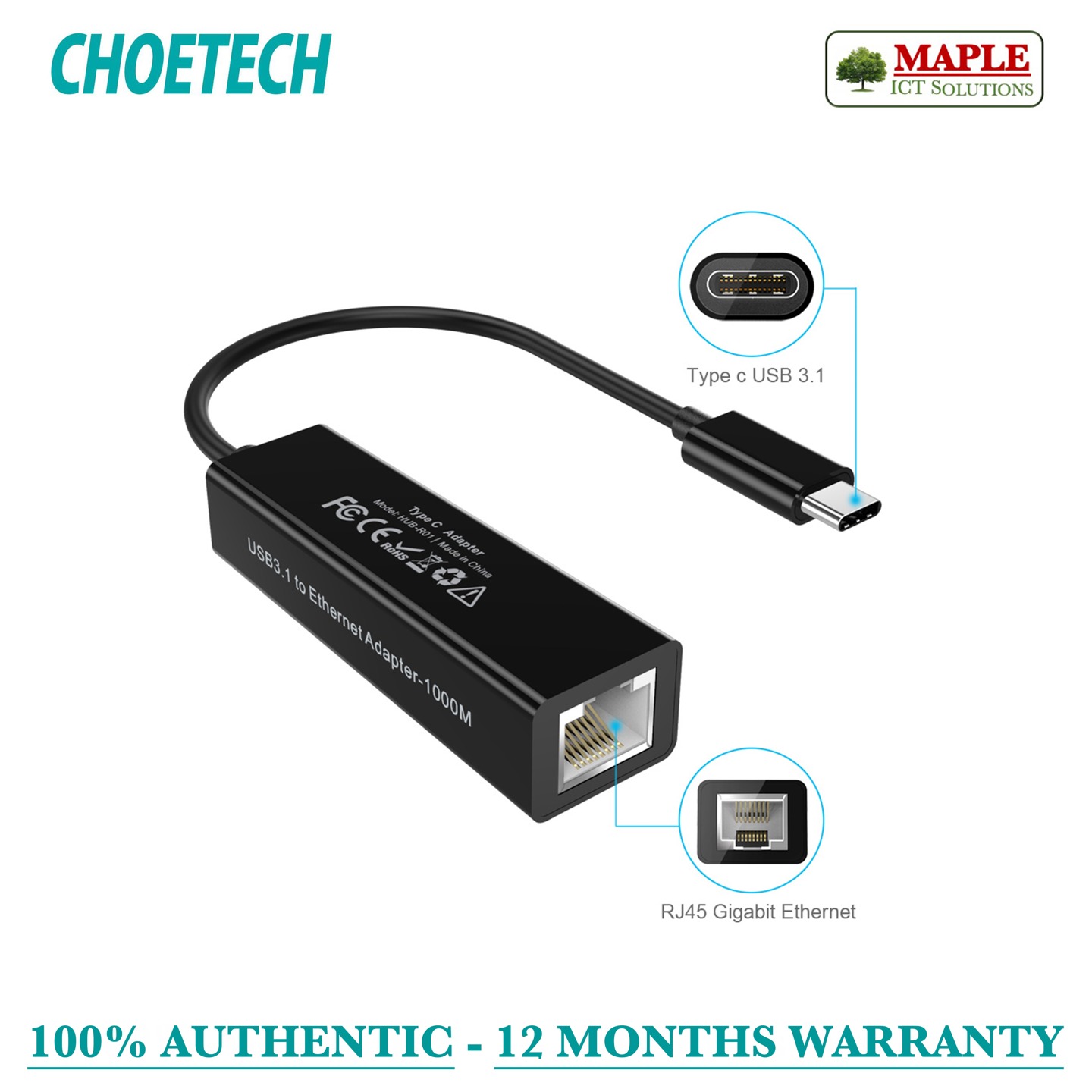 Choetech USB-C To 10/ 100/ 1000M Ethernet Adapter (HUB-R01)