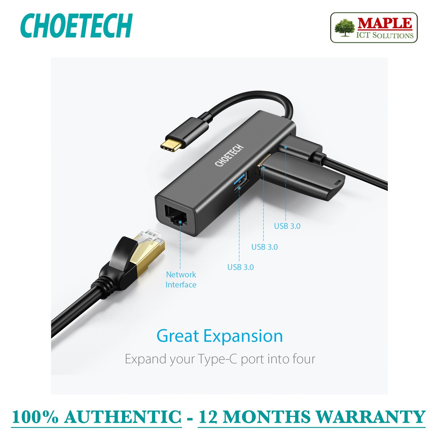 Choetech USB-C to 10/ 100/ 1000M Ethernet Hub (HUB-U02)