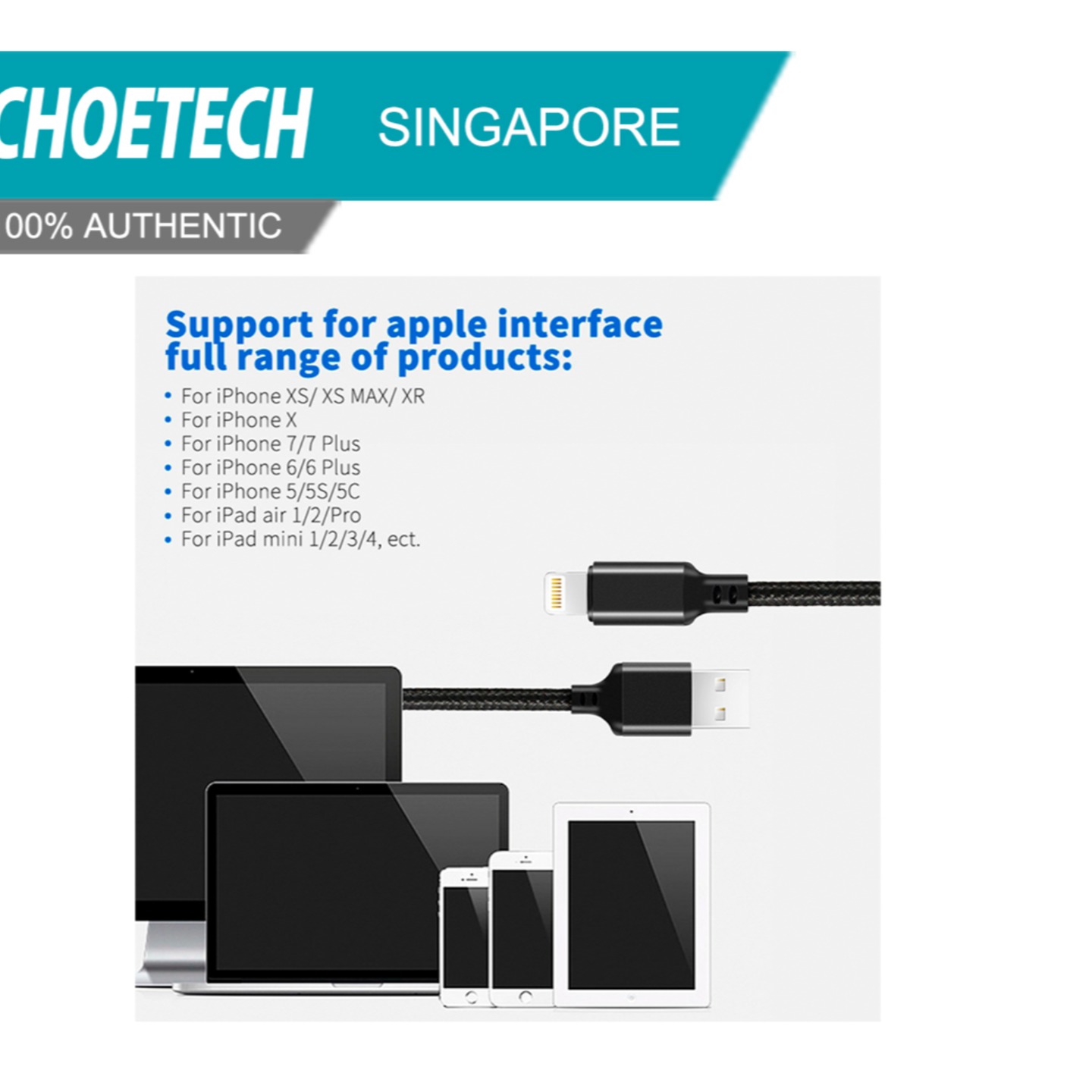 Choetech Nylon-Braided Light Cable, 1M (IP006-BK)