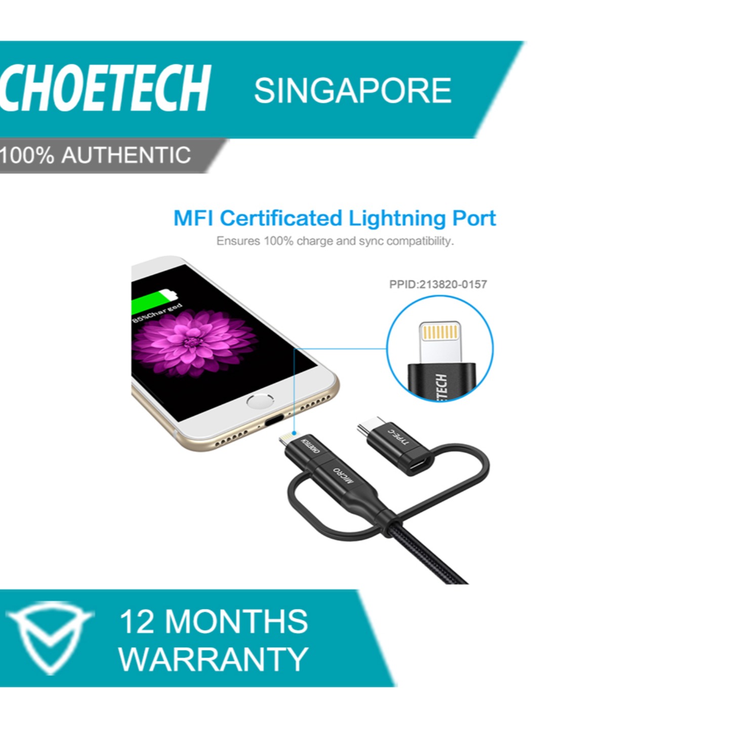 Choetech MFi Certified Lightning Cable, 1.2M, 3-in-1 (IP0030)