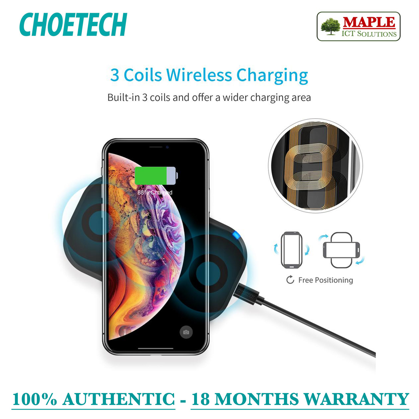 Choetech Qi Certifed 3-Coils 10W Wireless Charging Pad (T513-S)