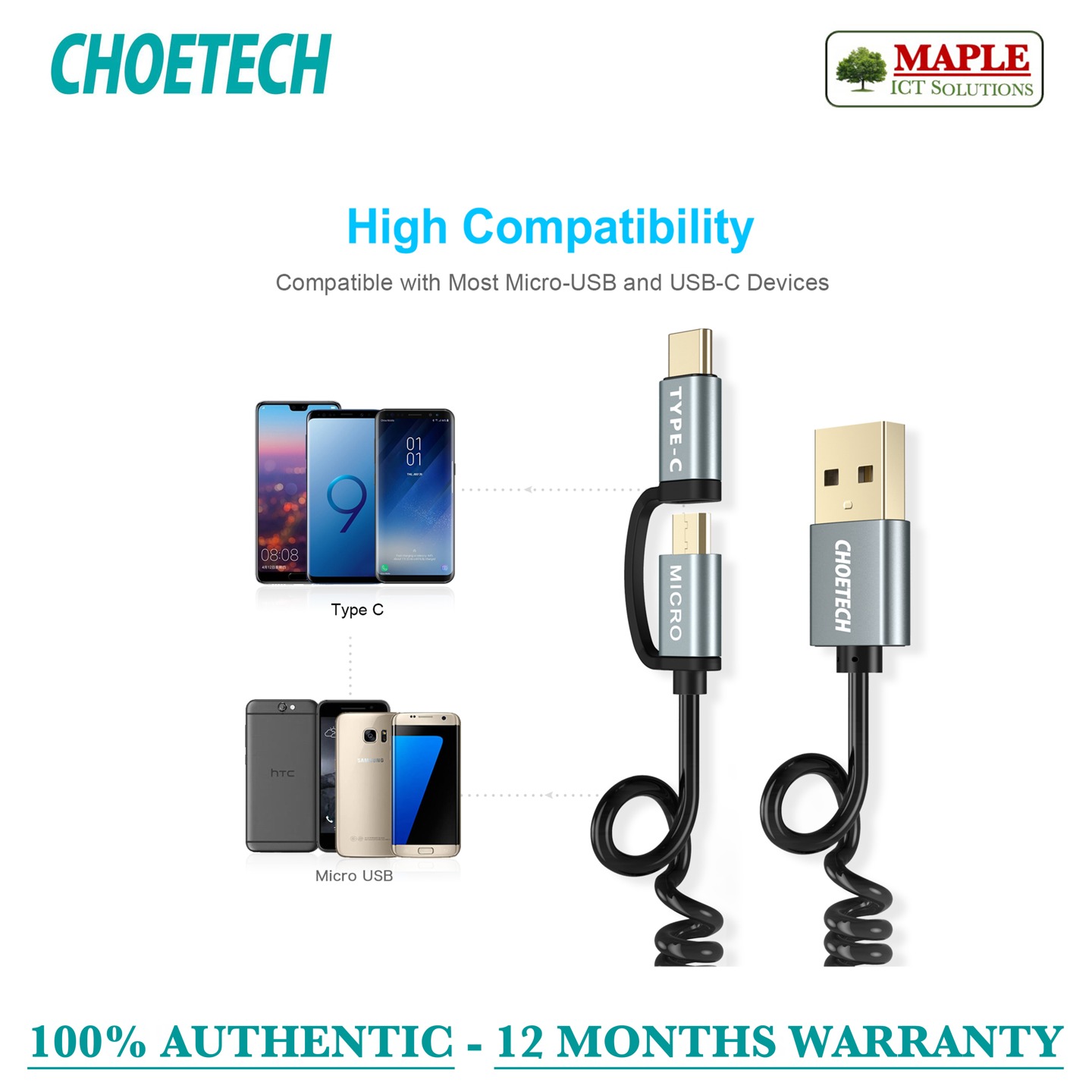 Choetech 2-in-1 UBC-C and Micro USB, 1.2M Spring Cable (XAC0012-101BK)