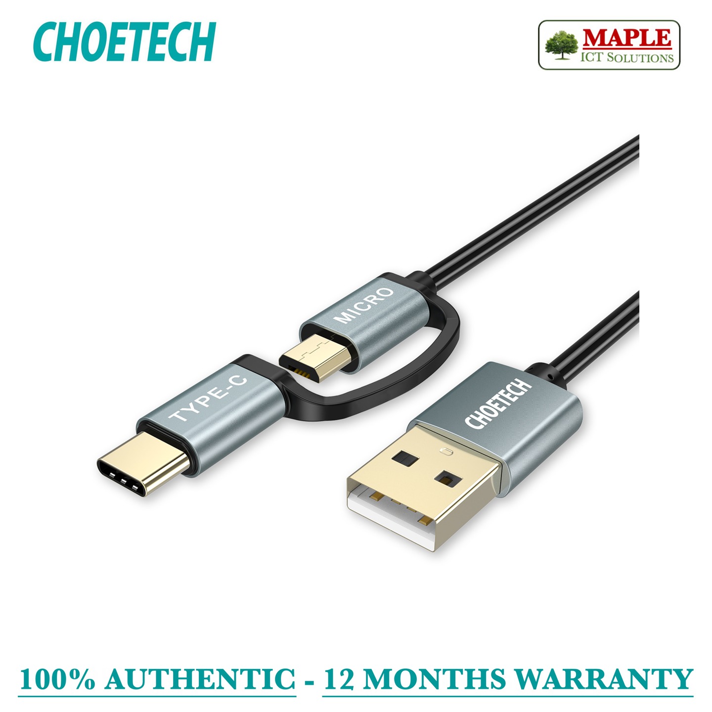 Choetech 2-in-1 USB-C and Micro USB, 1.2M Straight Cable (XAC0012-102BK)