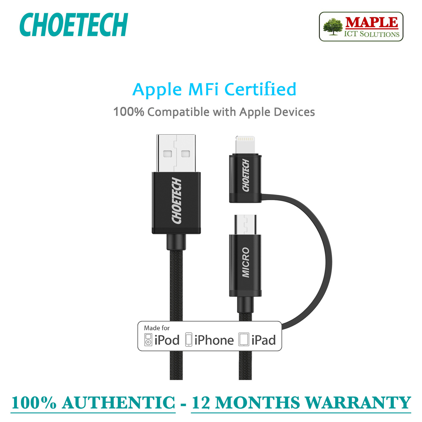 Choetech MFi Certified Lightning Cable, 1.8M, 2-in-1 (IP0029)