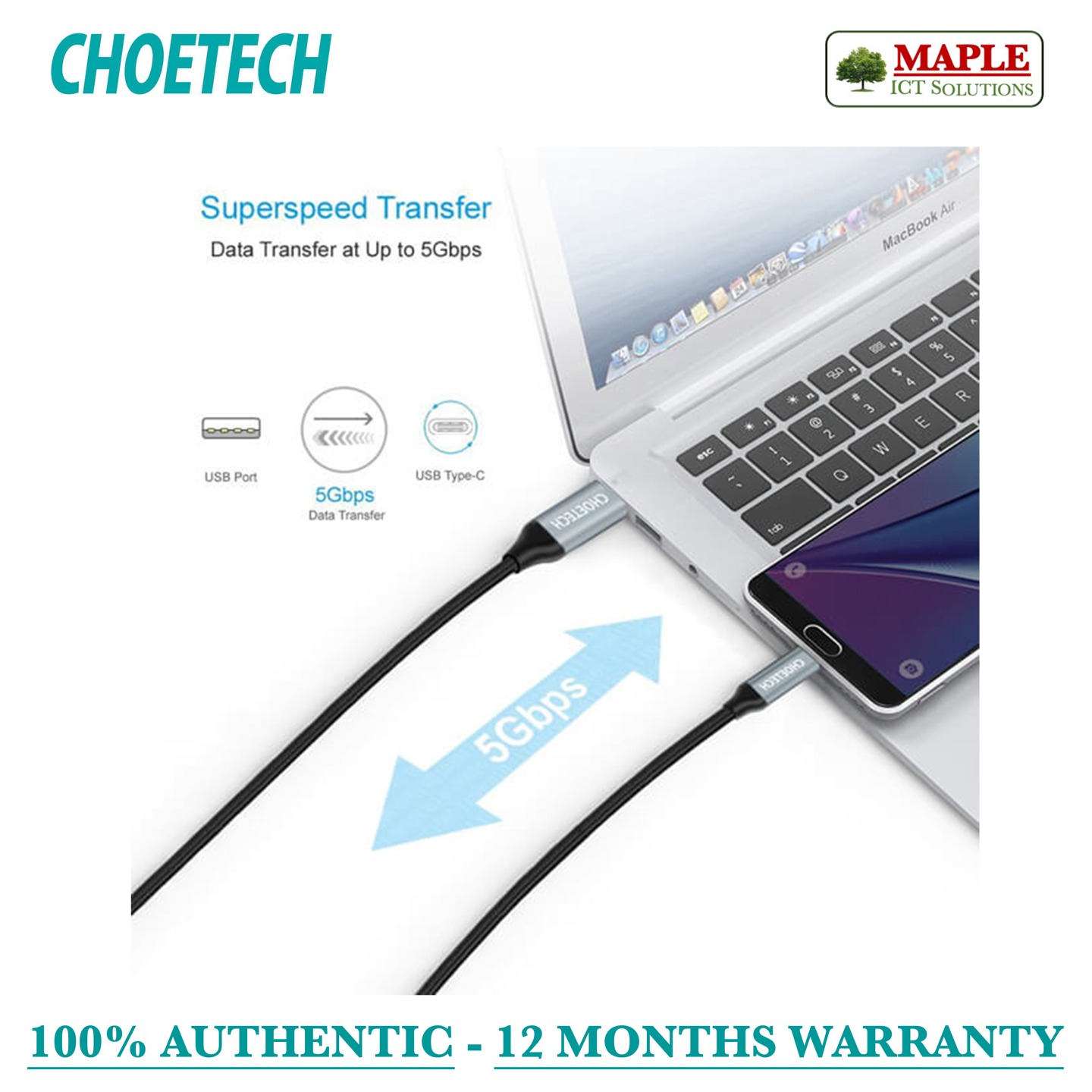 Choetech Super Speed USB 3.0, USB-C to USB-A, 2M Cable (AC0007-102)