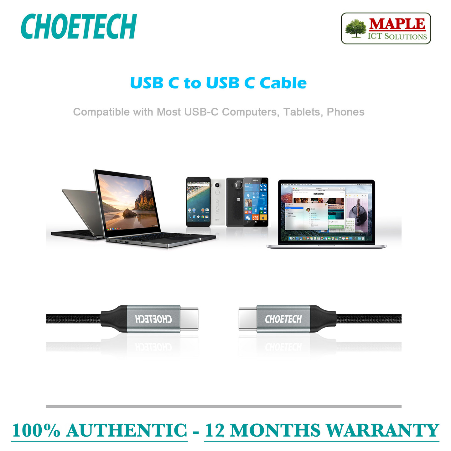 Choetech High Speed USB-C to USB-C, 1M Nylon Braided Cable (XCC1001)