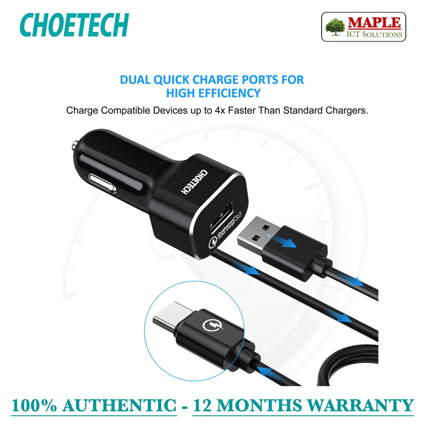 Choetech 36W QC 3.0 Dual USB Car Charger with integrated USB-C Cable (C0052)