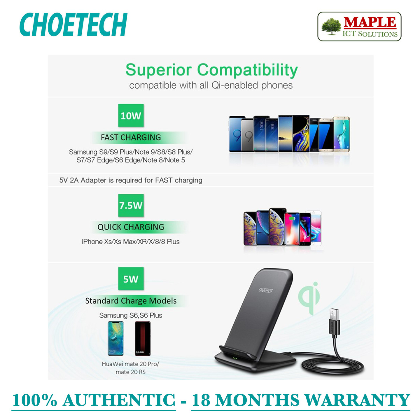 Choetech 10W 2-Coils Qi Certified Charging Stand (T555-S)