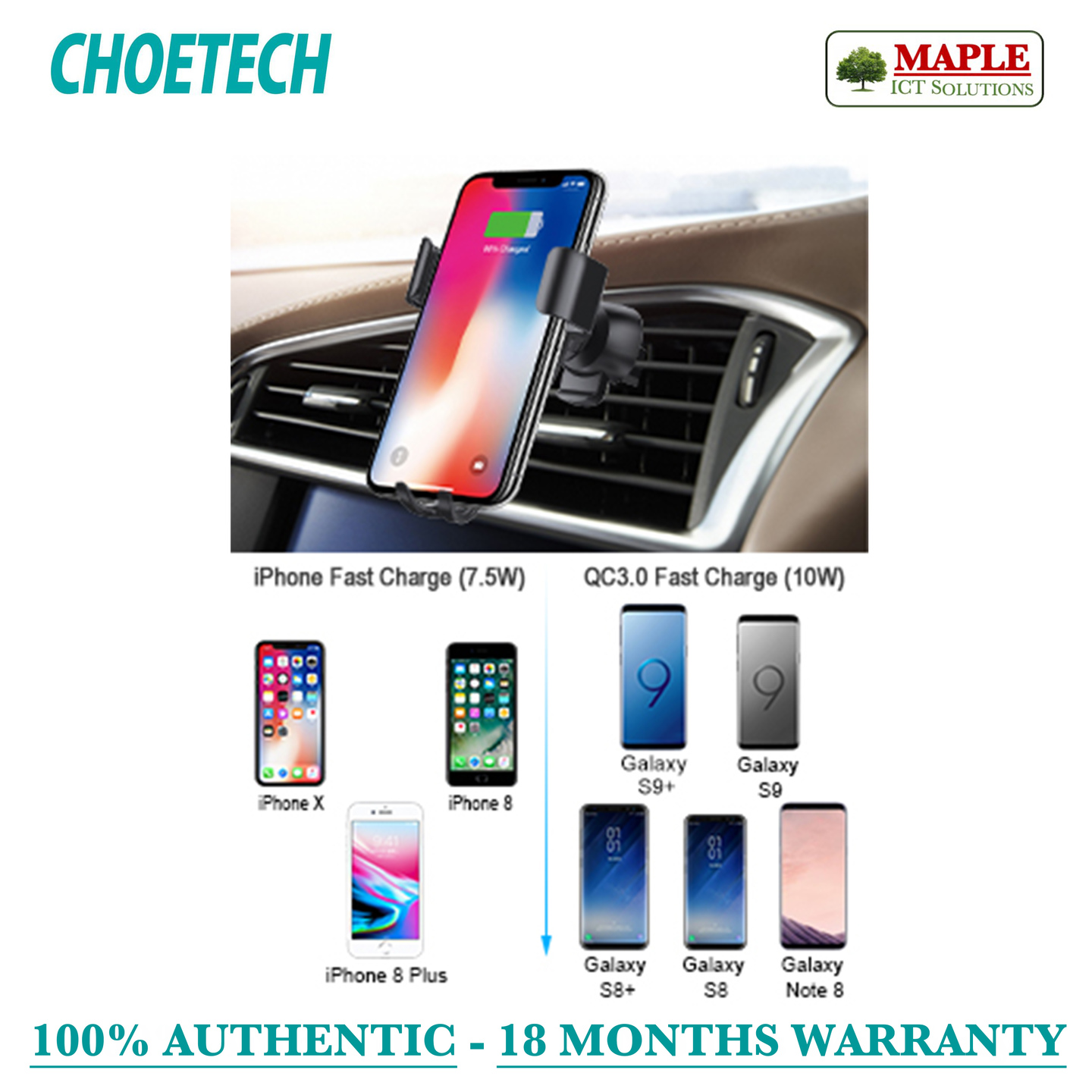 Choetech Car Air Vent Holder,  10W Qi Certified Fast Wireless Charger (T536-S)