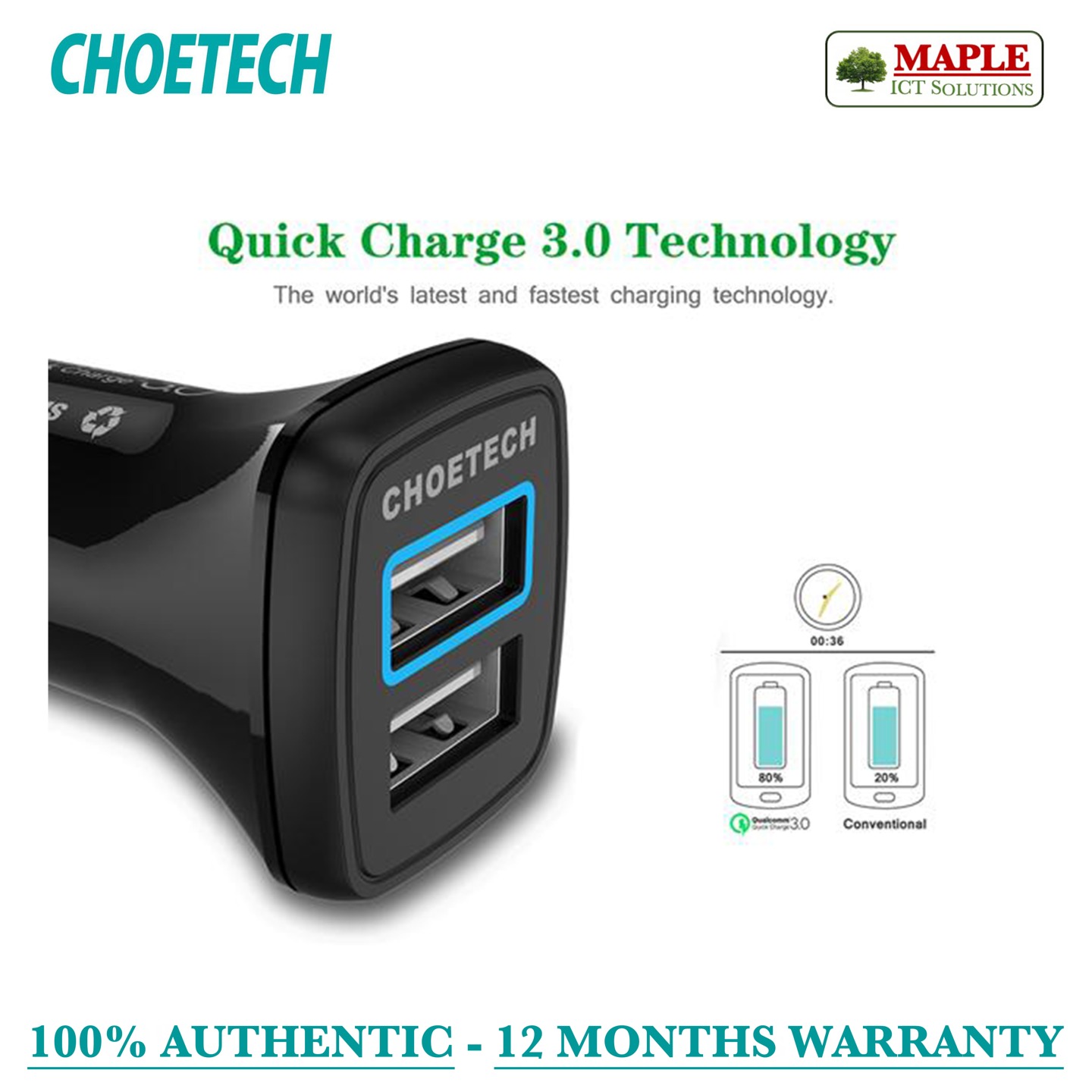 Choetech Quick Charge 3.0, 30W Car Charger (C0051)