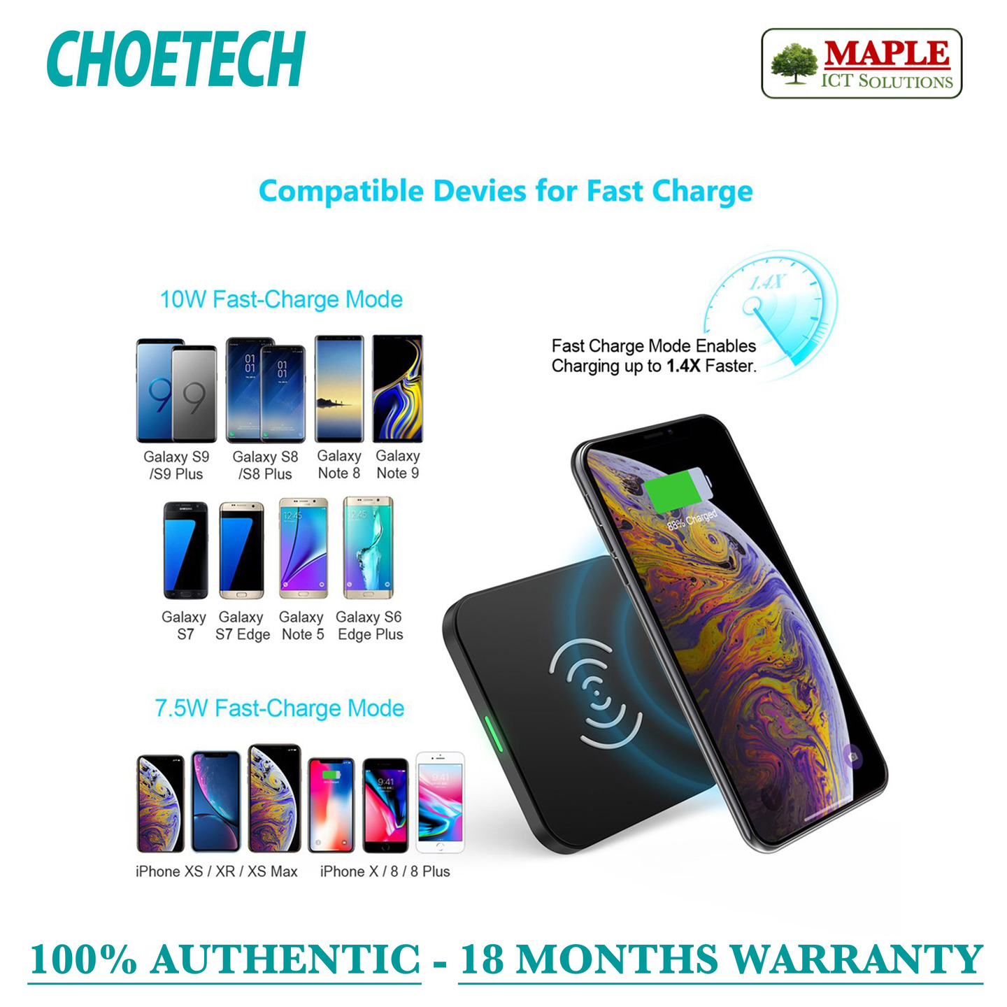 Choetech Qi Certified 10W Fast Wireless Charging Pad (T511-S)