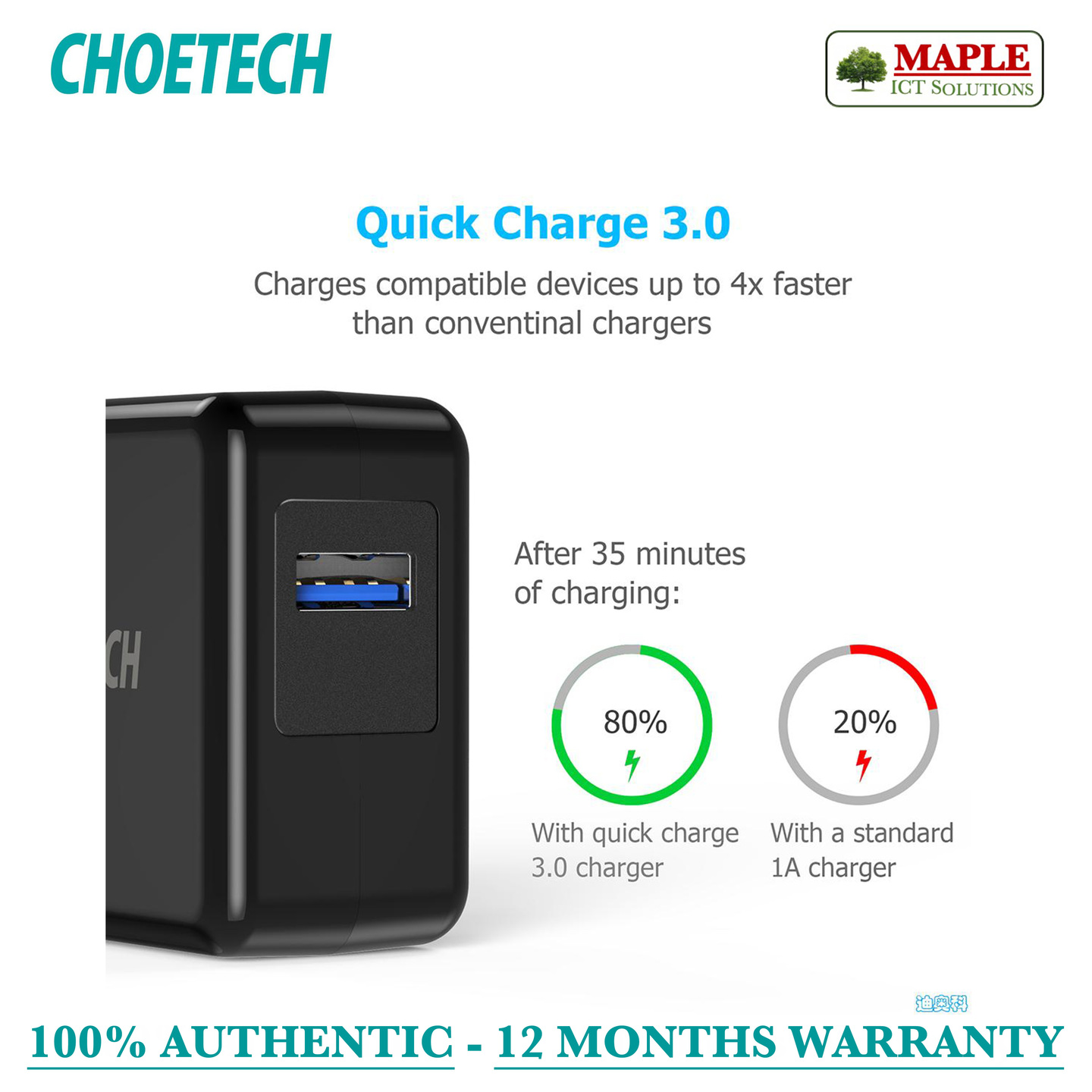 Choetech QC3.0 Certified Single Port Reversible USB Charger (Q3002)       (for EXPORT ONLY)