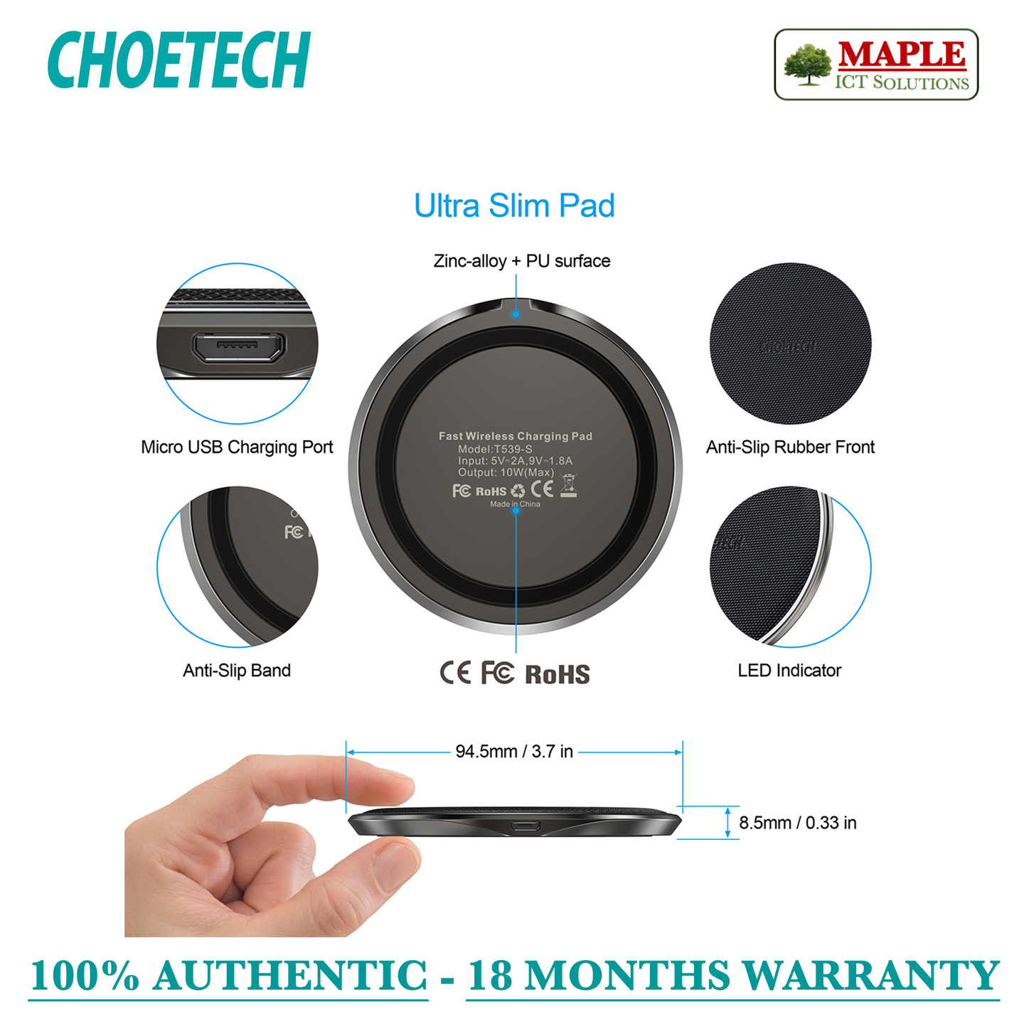 Choetech Zinc-Alloy 10W Fast Charging Pad (T539-S)