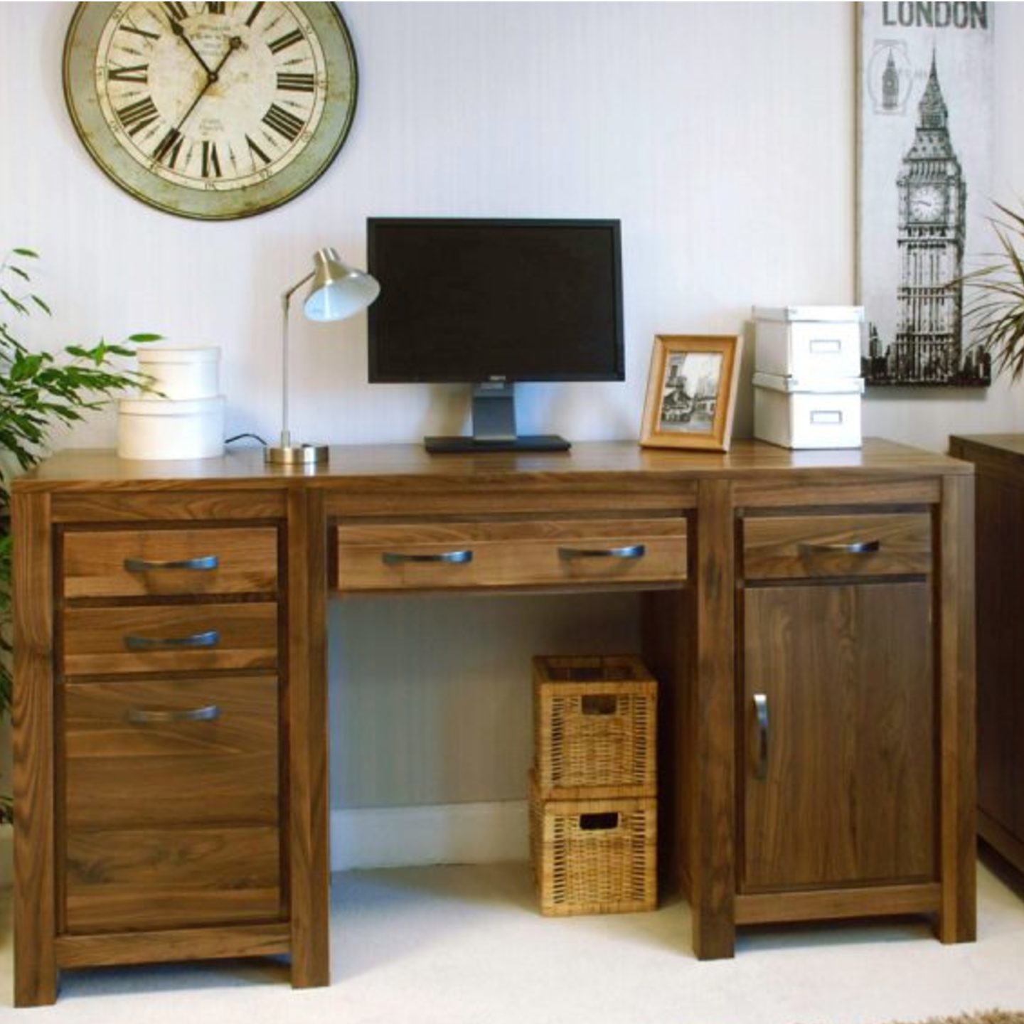 Walnut Twin Desk with 4 drawers 