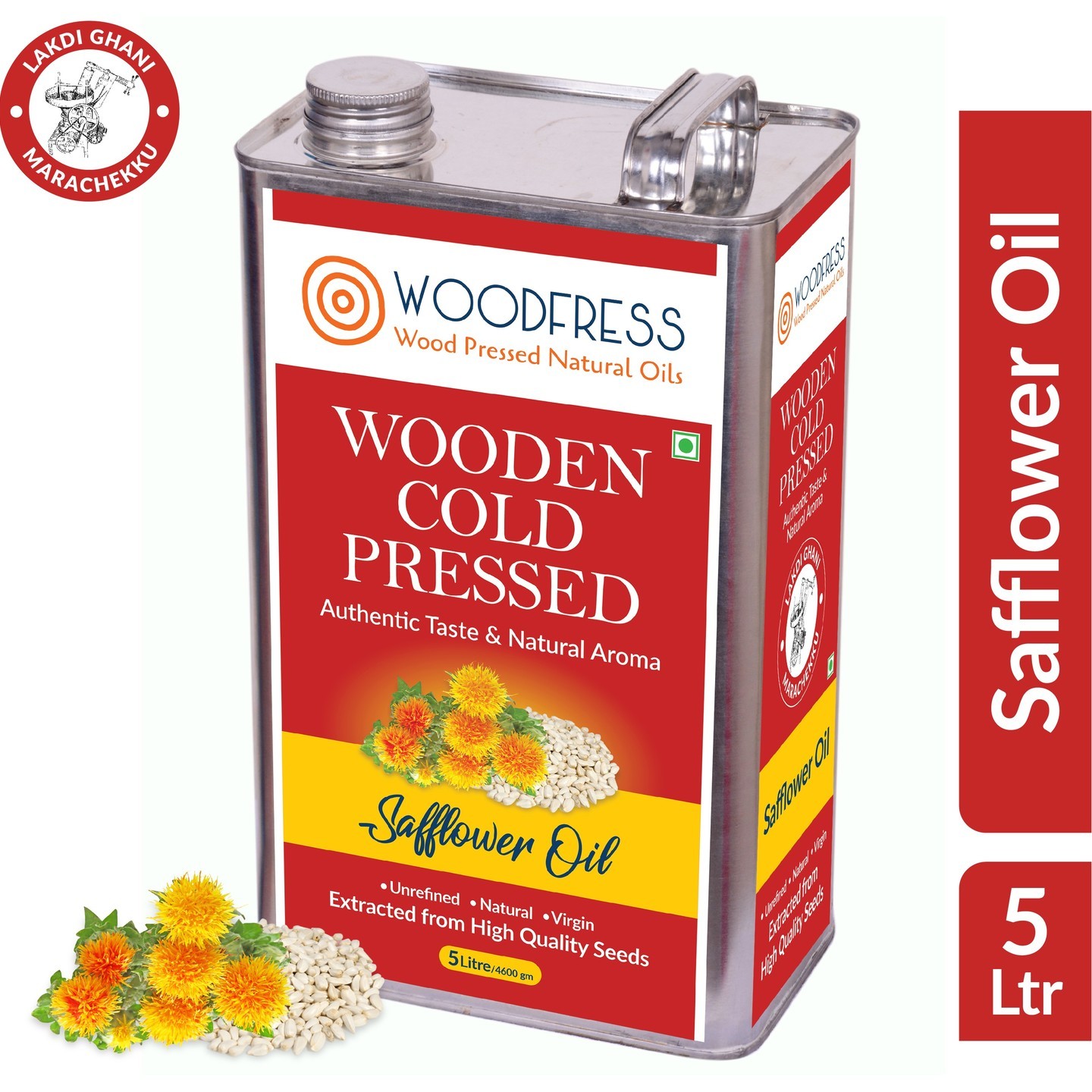 WOODFRESS Cold Pressed Safflower Oil 5L2.5L1L - Kardai, Kardi, Kusum ka Tel Wood Pressed  Lakdi Ghani  Marachekku