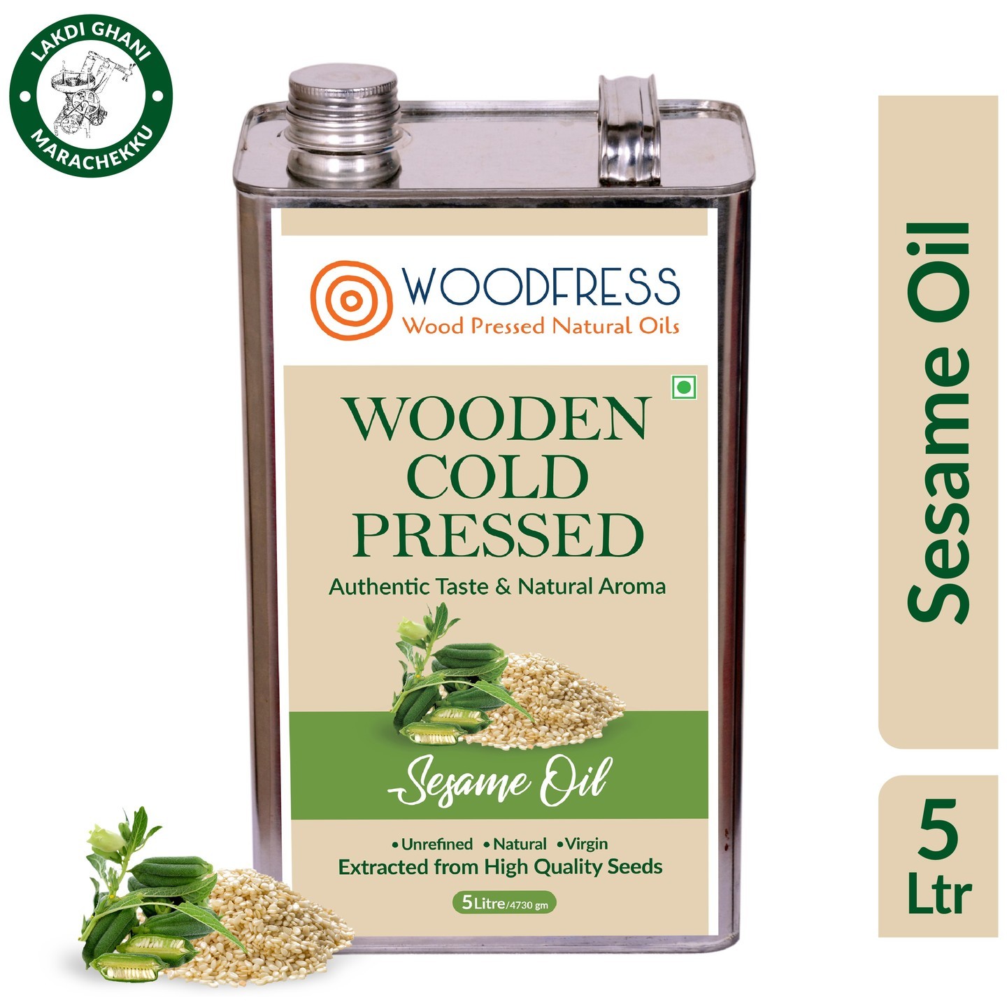 Wooden Cold Pressed Sesame Oil 5L - Gingelly, Til ka Tel, El enney Wood Pressed  Lakdi Ghani  Marachekku