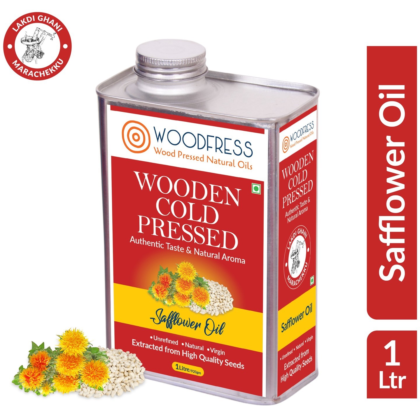 WOODFRESS Cold Pressed Safflower Oil 1L - Kardai, Kardi, Kusum ka Tel Wood Pressed  Lakdi Ghani  Marachekku