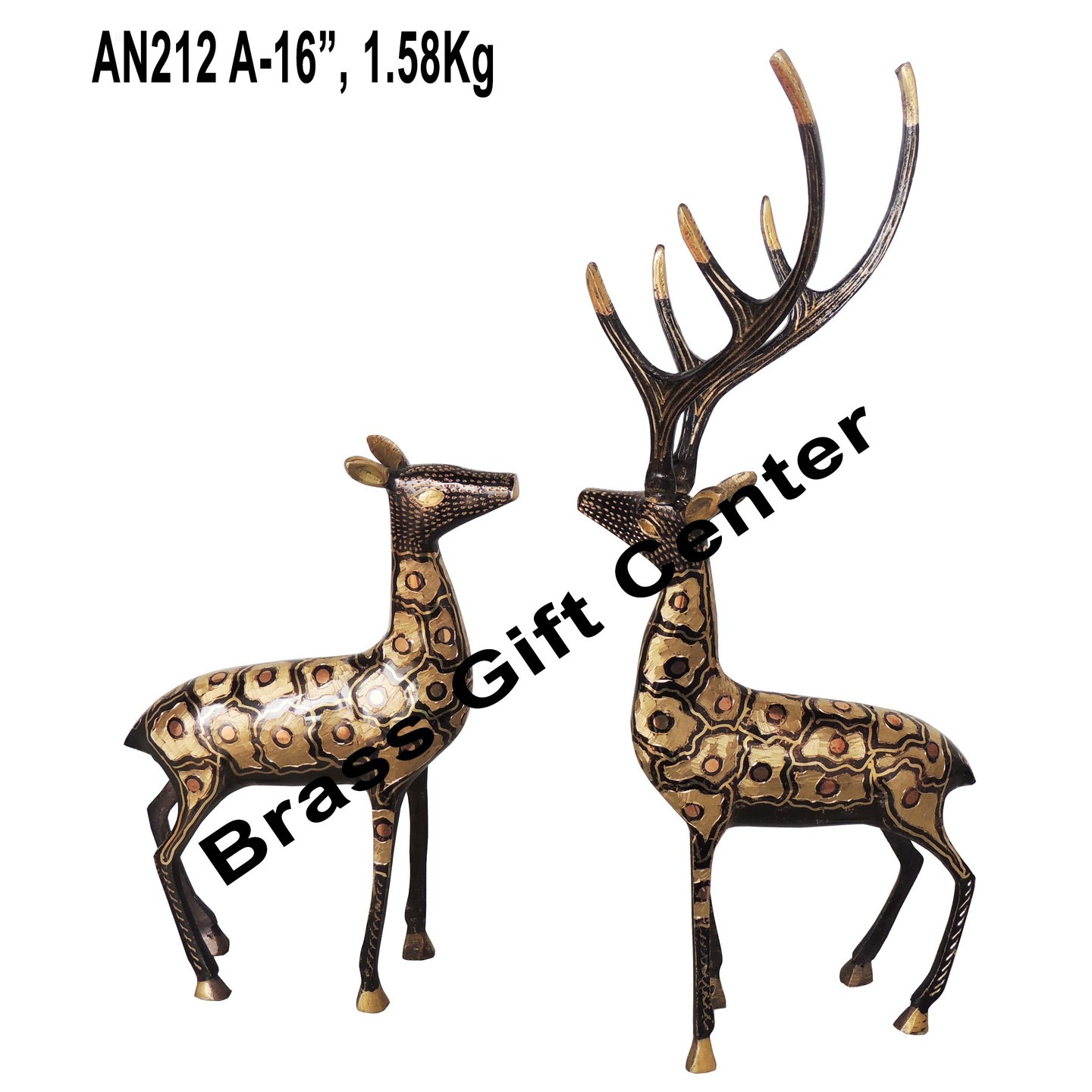 Brass Showpiece Deer Pair Statue With Black Finish, Height 16 Inch