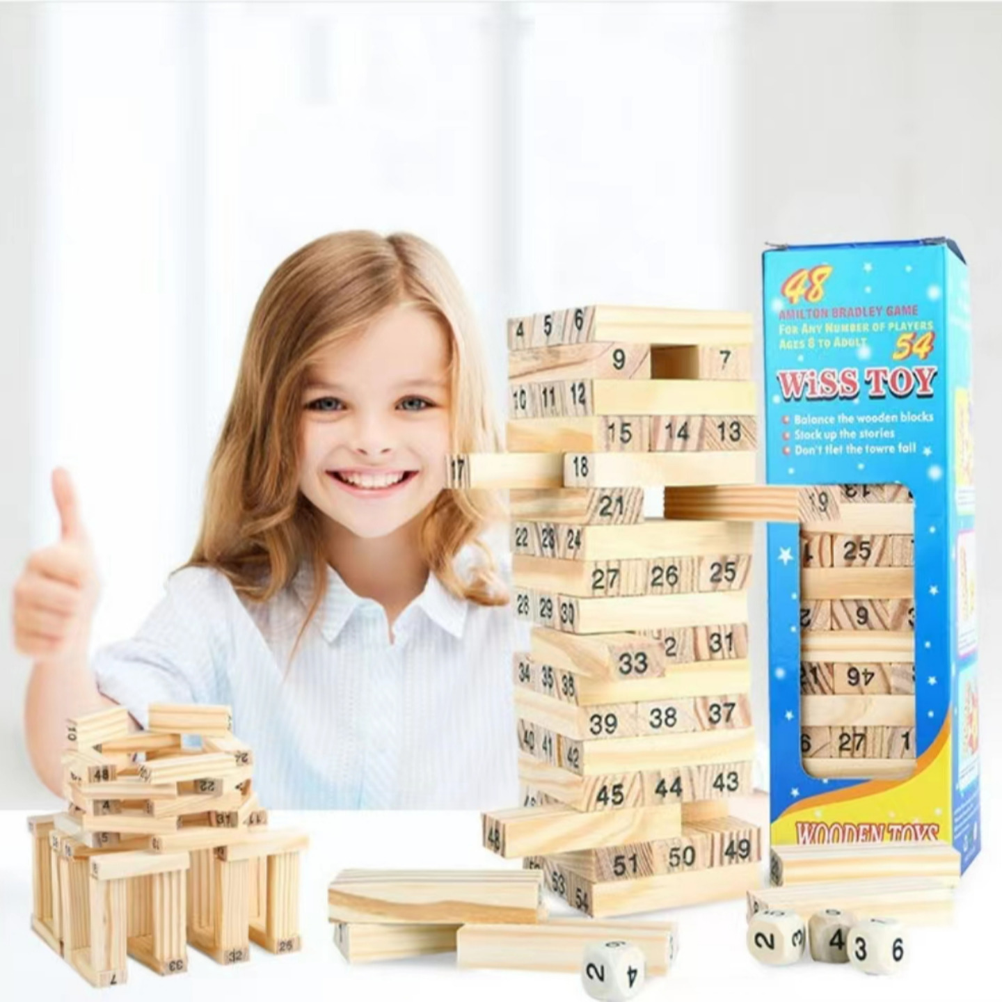 Classic Wooden Jenga Stack Game with Numbers and Dice for Party Games