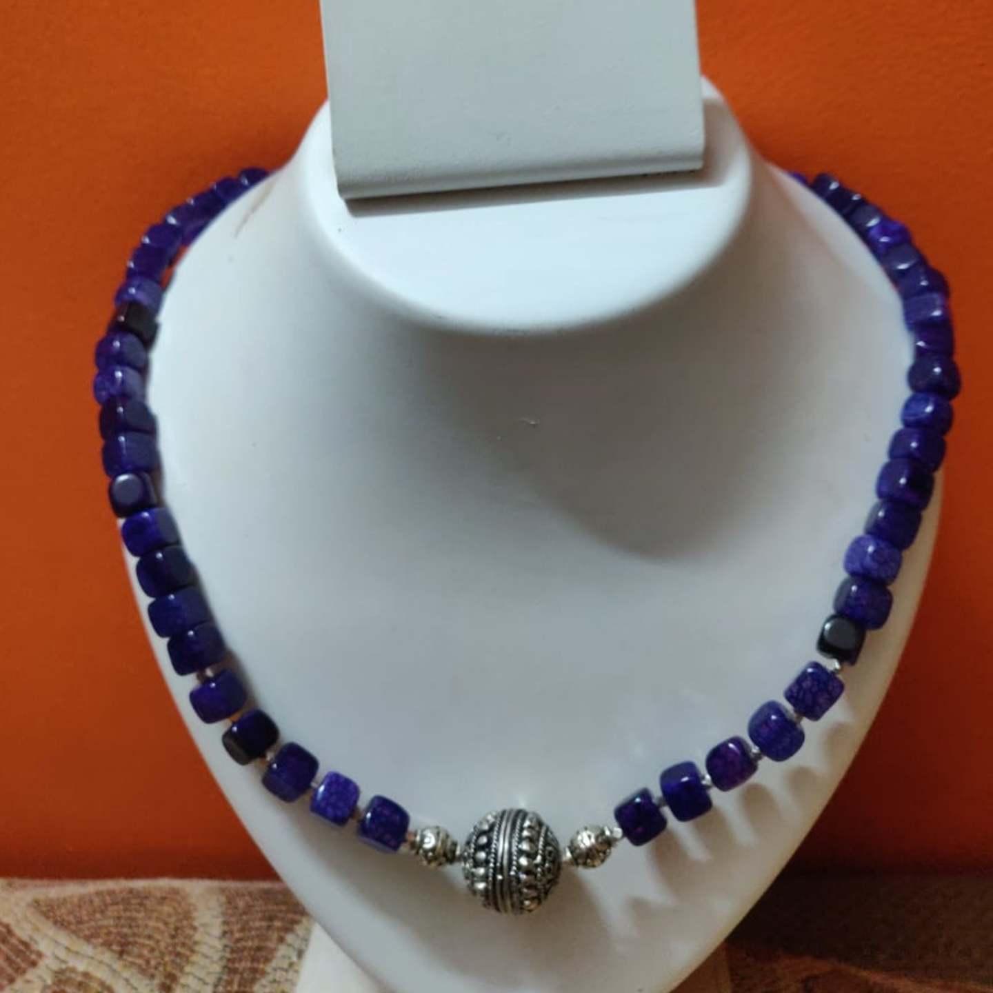 Square shaped semi precious beads necklace