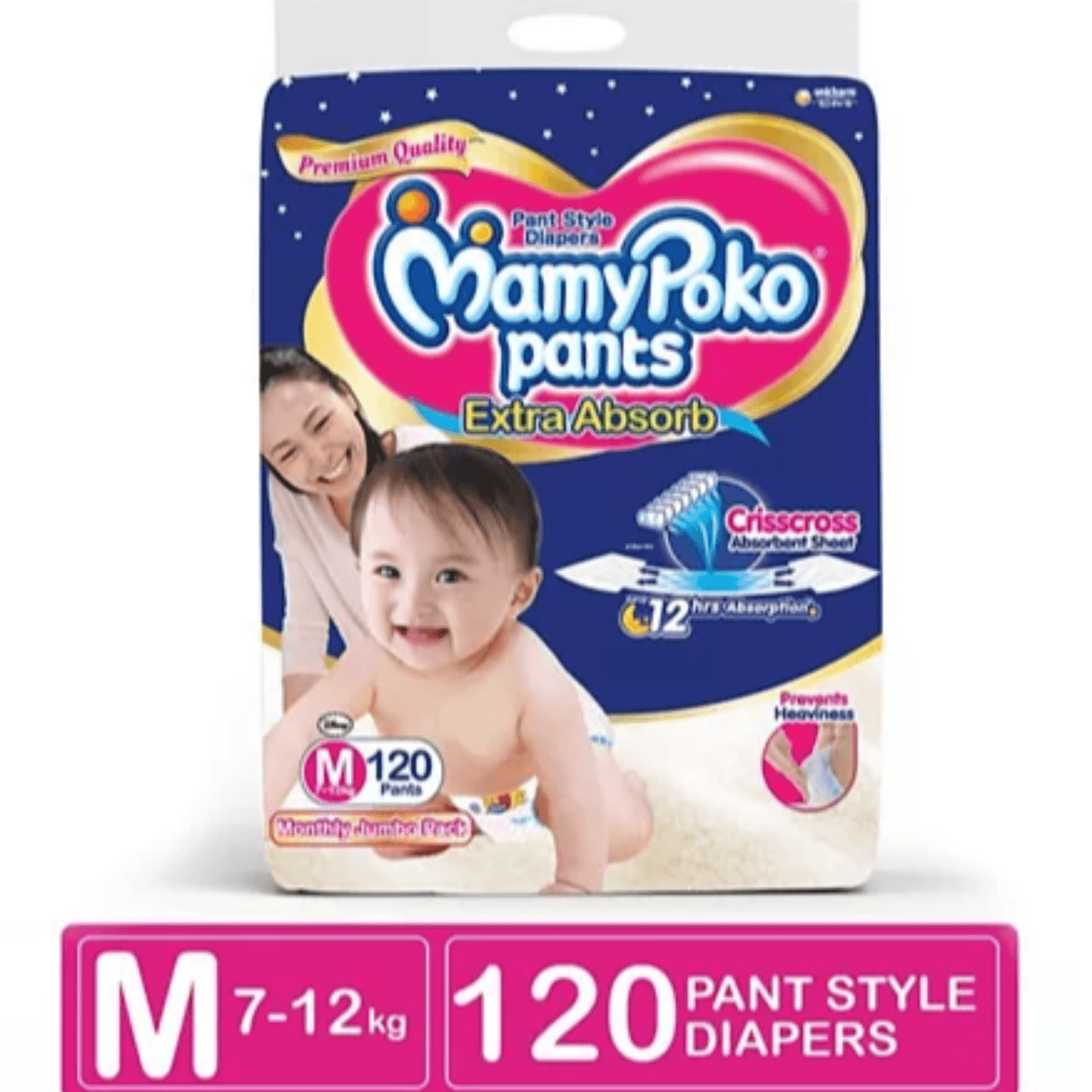 MamyPoko Extra Absorb Pant Style Diaper Monthly Jumbo Pack Medium Size - 120 Pieces