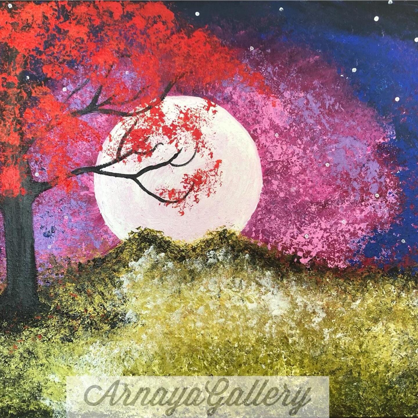 Cherry blossom tree in a moon lit night. Acrylic Painting