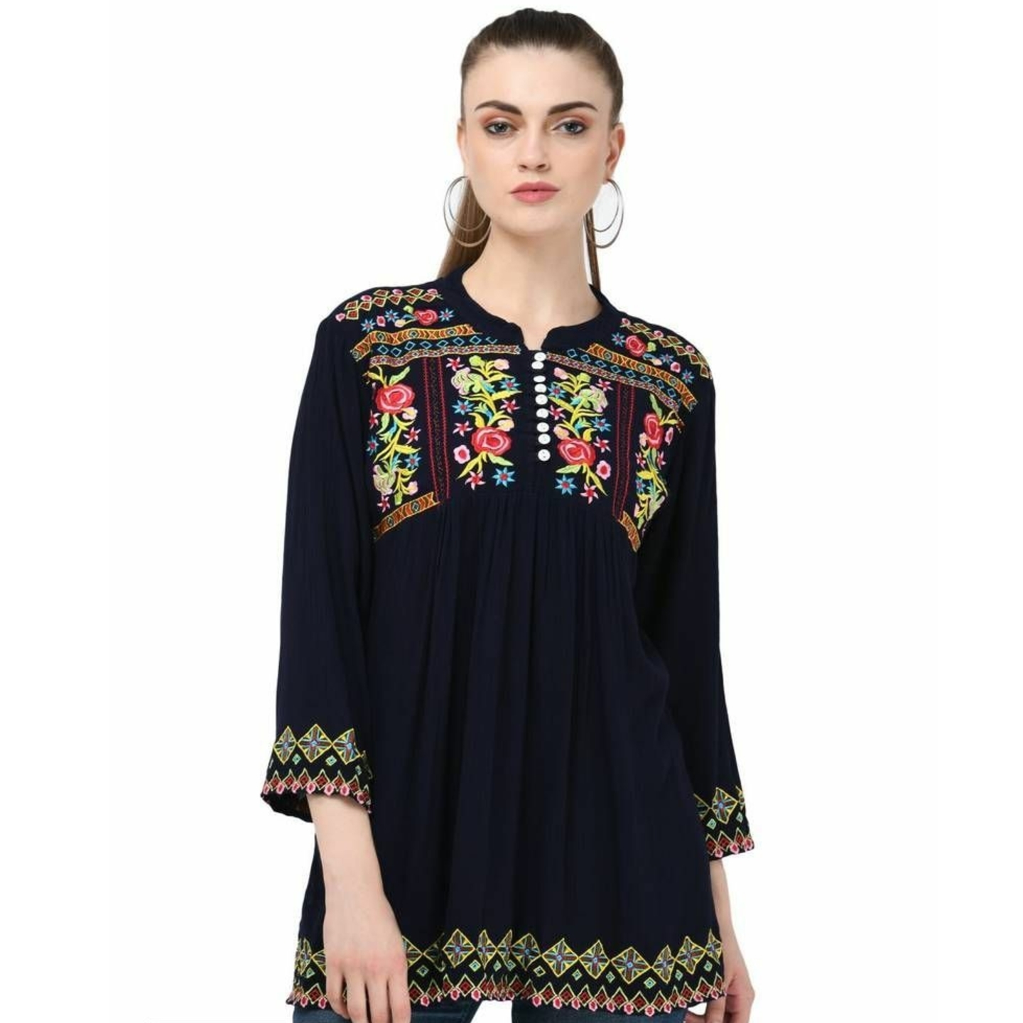 Crepe Navy Blue Embroidered Top