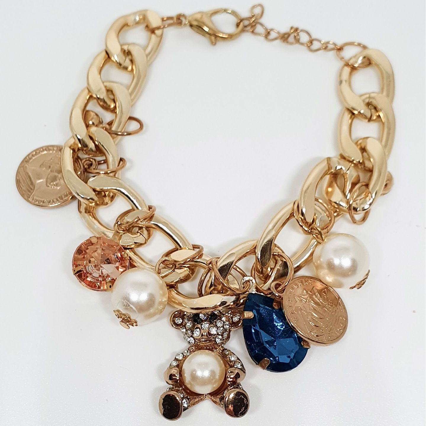 Set of Charm Bracelet with Teddy Bear design & Macaron Bag Charm and Key Chain 