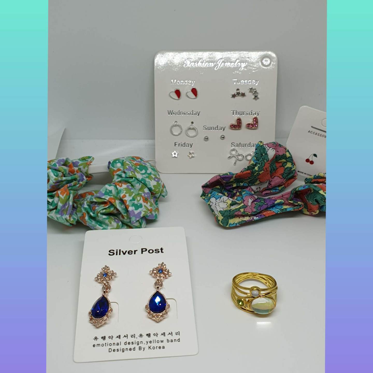 Set of Scrunchies, Earrings & Ring 