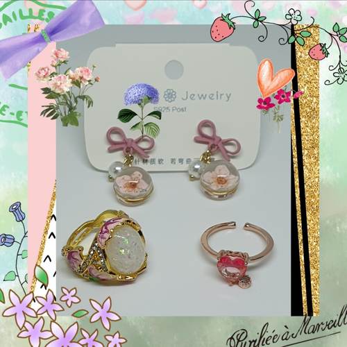 Set of Flower Earrings and Ring & Heart Ring
