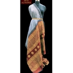 Steel grey block pinted saree with maroon pallu