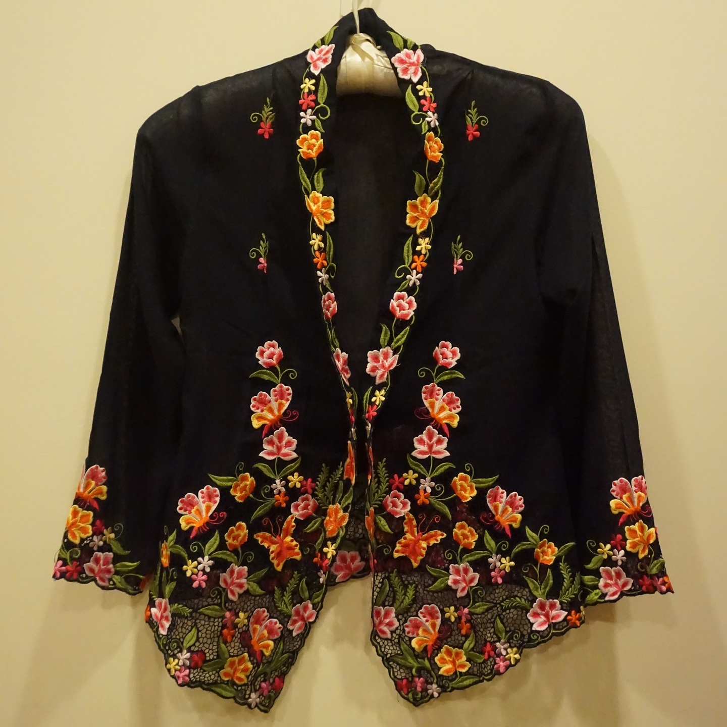 Black Kebaya with colourful embroidery in Flora & Butterfly design