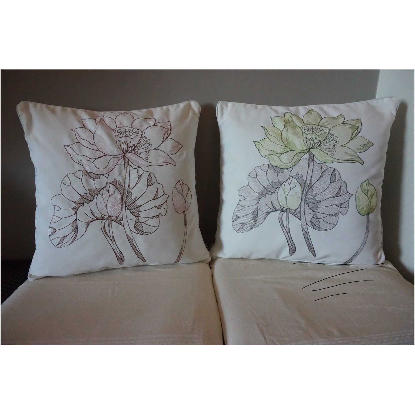 A set of two Standard size Cushion Covers (Green Flower & Pink Flower)