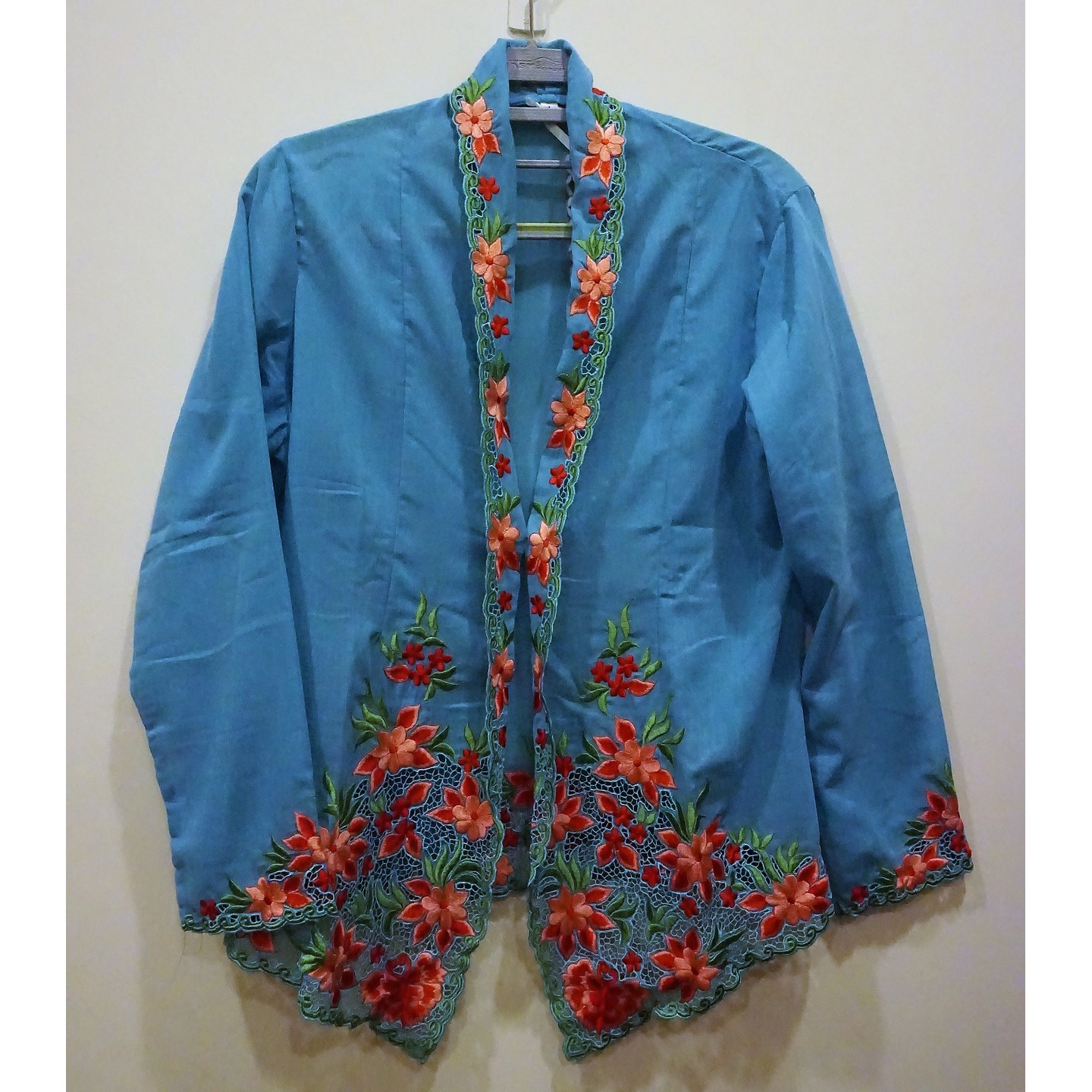 Turquoise Kebaya with colourful Floral Embroidery design (Out of Stock)