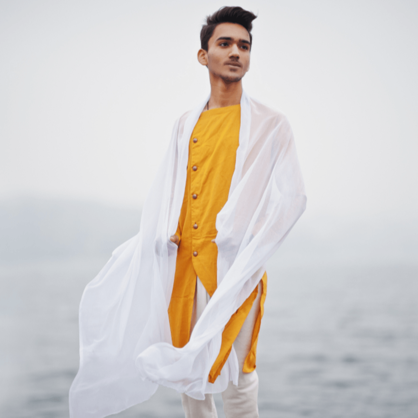 Handblock Bagru Printed Yellow Cotton Suit Piece with Bottom and Dupatta-BCSA001