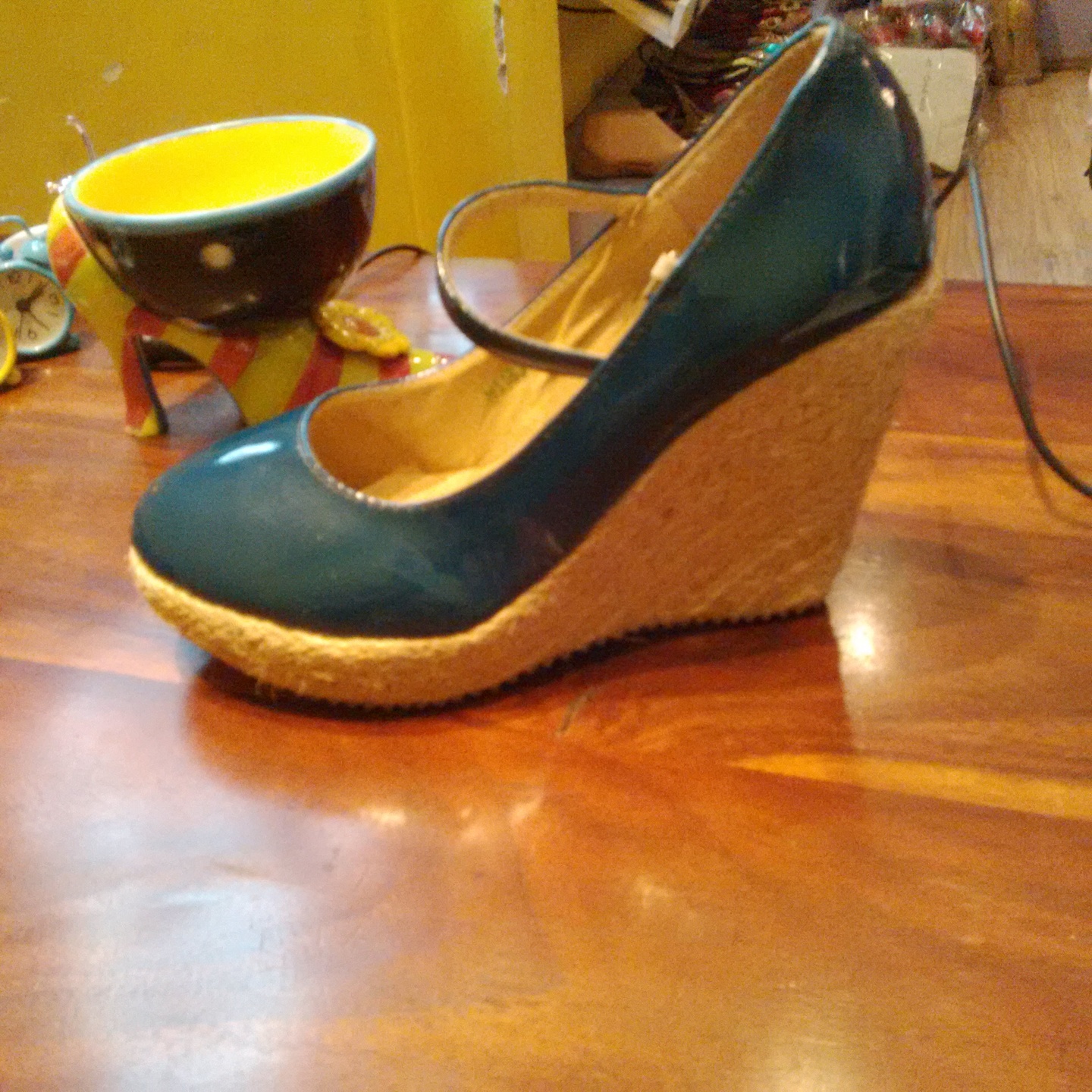 Dull Teal blue closed toe wedge with rope covering