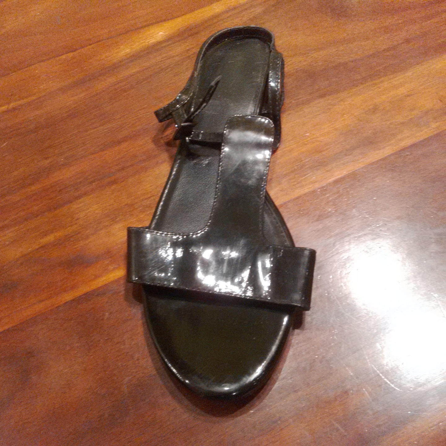Black broad strap patent leather flats with back strap