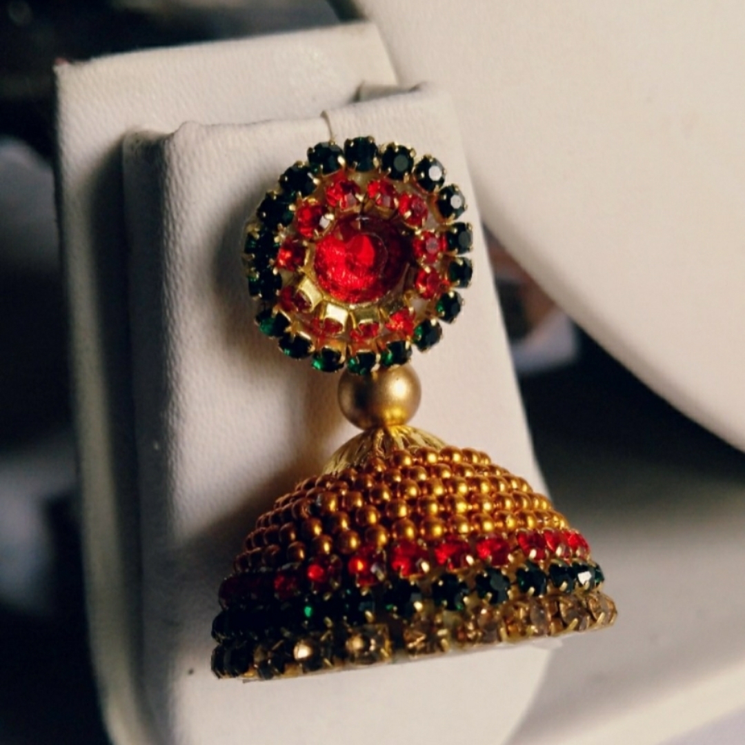 Red And Green Beaded Jhumkas