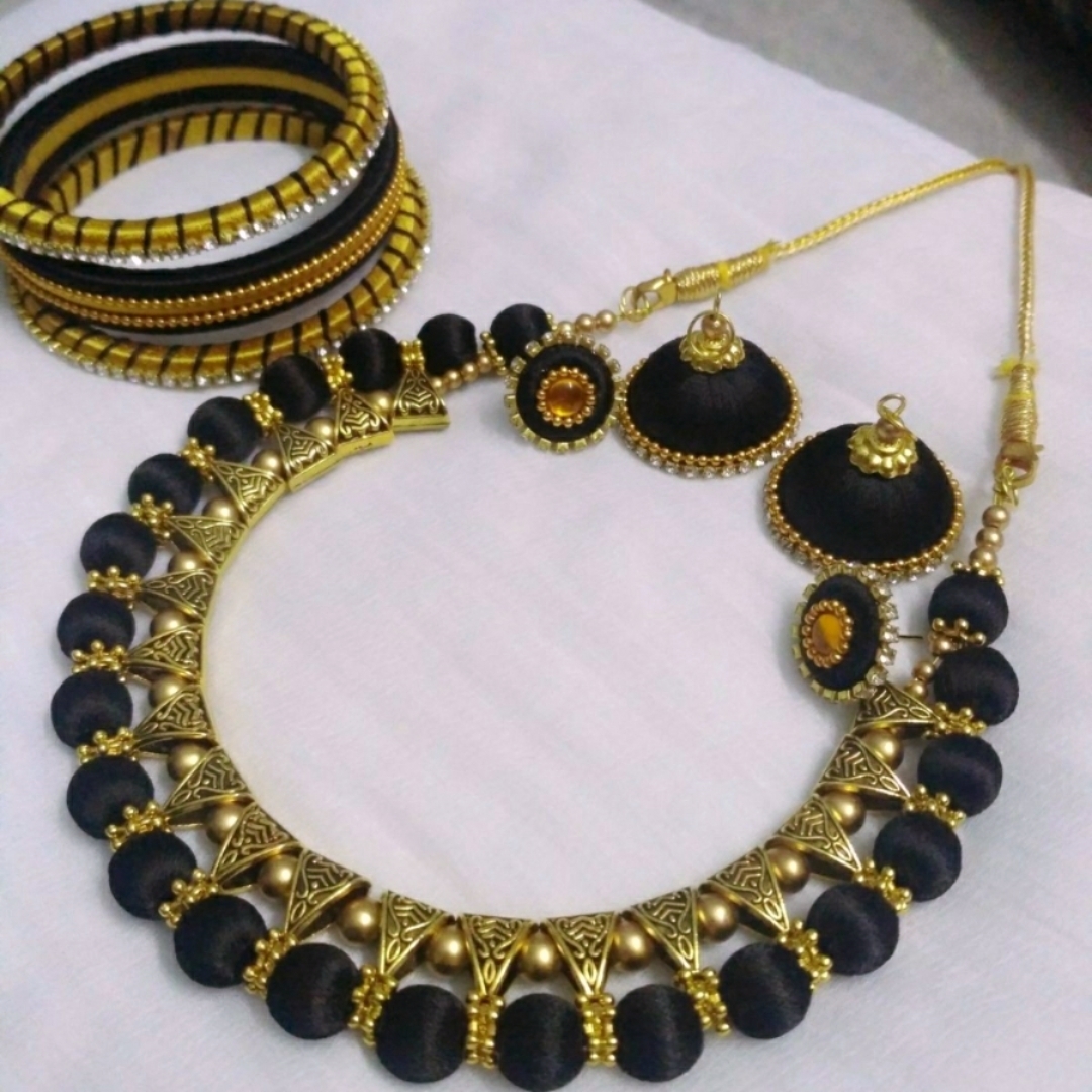 Black Silk Thread Necklace Set