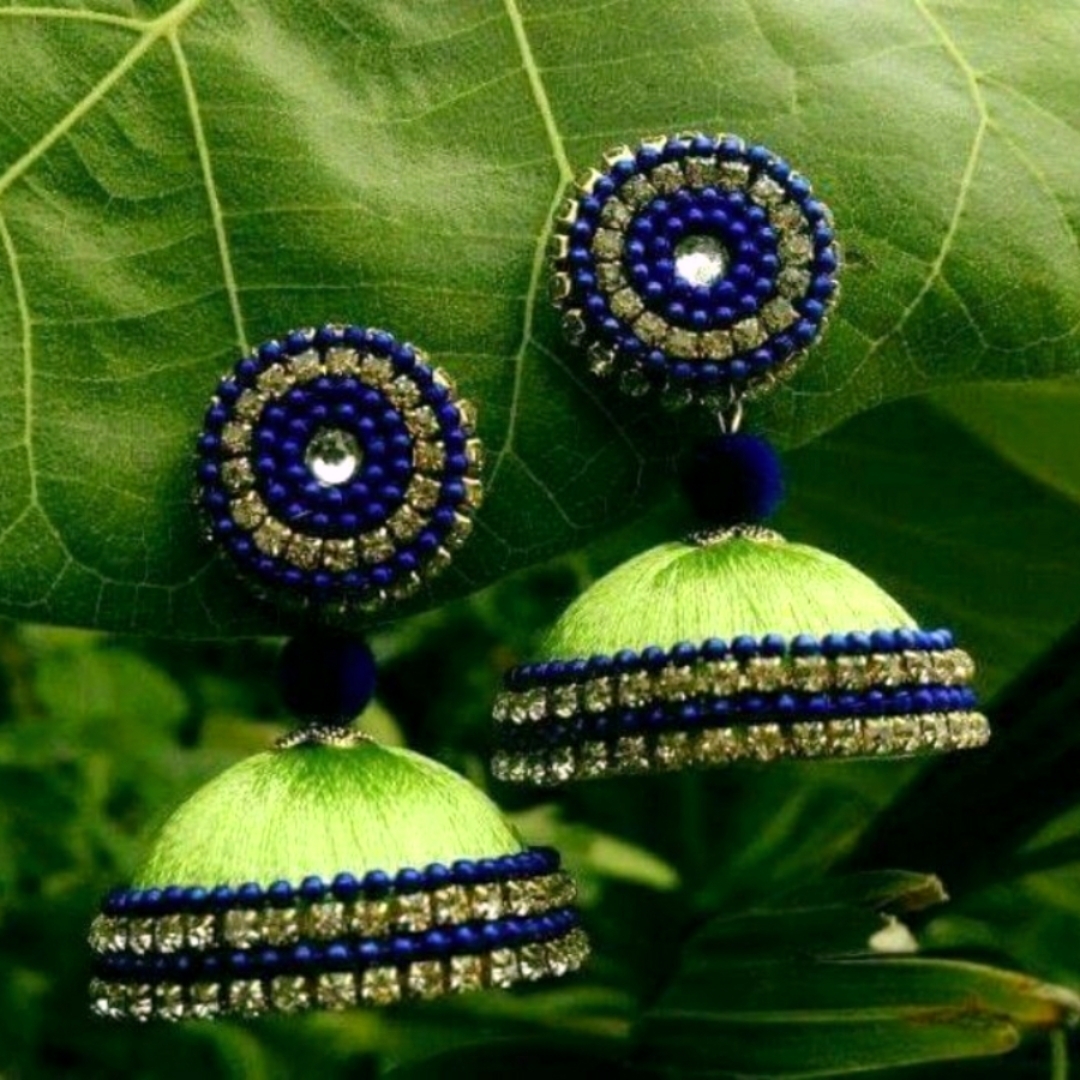 Pista Green Silk Thread Jhumkas with Royal blue beads