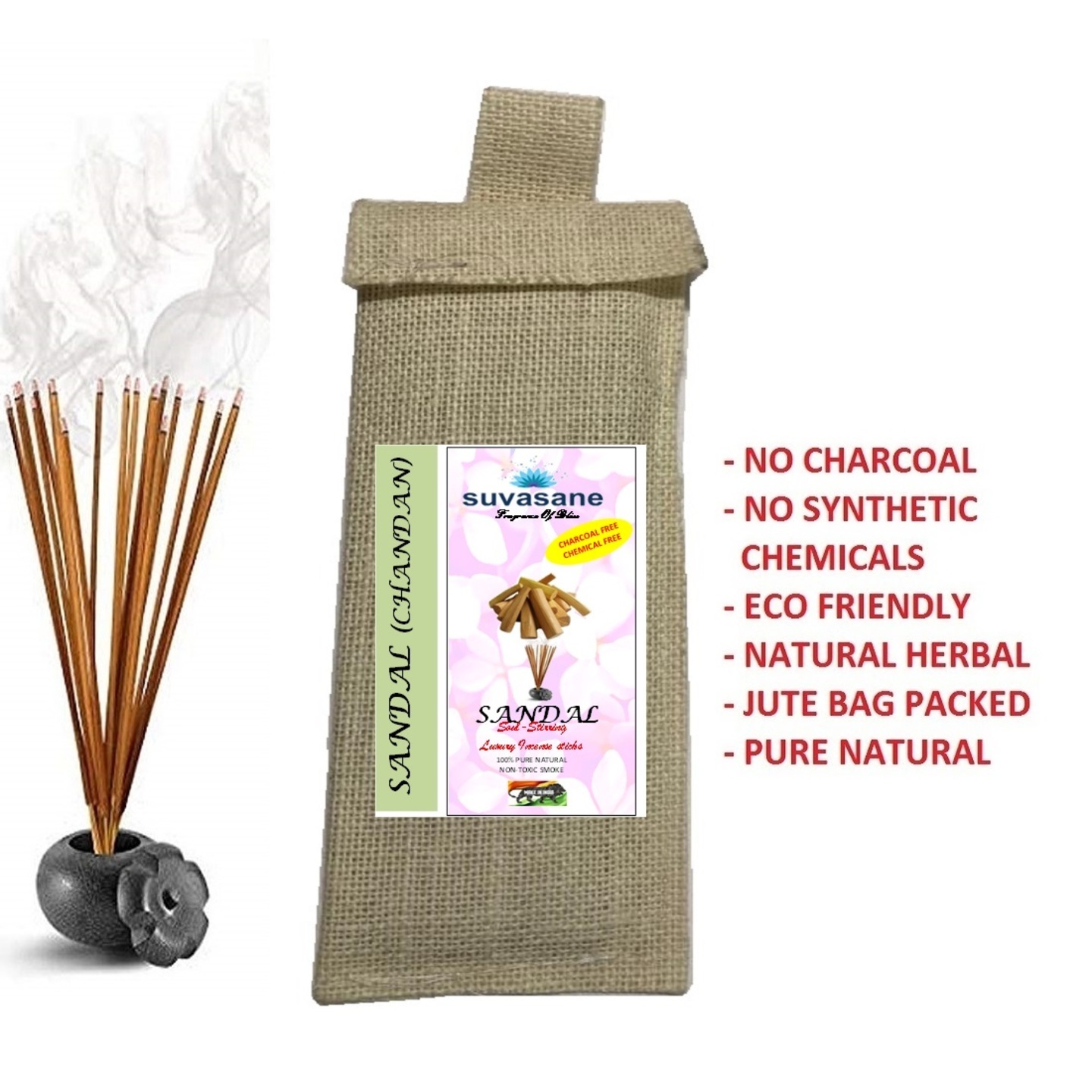 Suvasane Sandal Chandan Fragrance Herbal  charcoal free Pure Natural Agarbatti No added Chemicals, 50gms, Brown 9 sticks in Jute bag