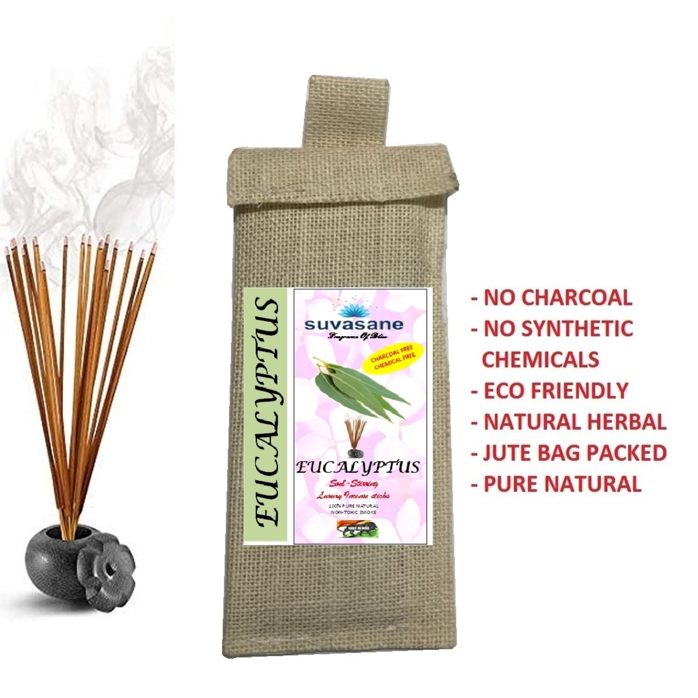 Suvasane Eucalyptus Fragrance Herbal  charcoal free Pure Natural Agarbatti No added Chemicals, Brown 9 sticks in Jute bag