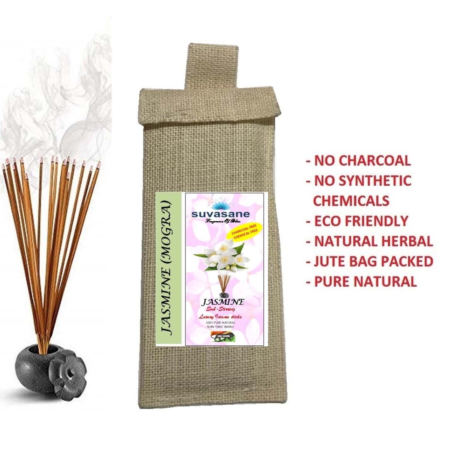 Suvasane Jasmine Fragrance Herbal  charcoal free Pure Natural Agarbatti No added Chemicals, Brown 9 sticks in Jute bag