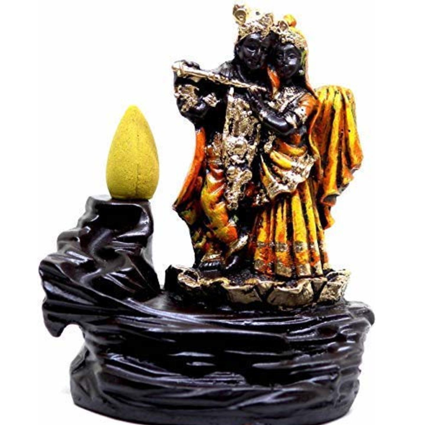 Suvasane Radha Krishna Incense Holder Smoke Backflow Cone, Decorative Showpiece with 10 Colorful Dhoop Cones