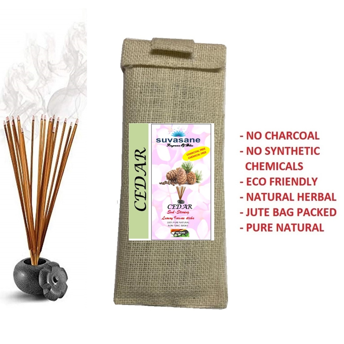Suvasane Cedar Fragrance Herbal  charcoal free Pure Natural Agarbatti No added Chemicals, 50gms, Brown 9 sticks in Jute bag